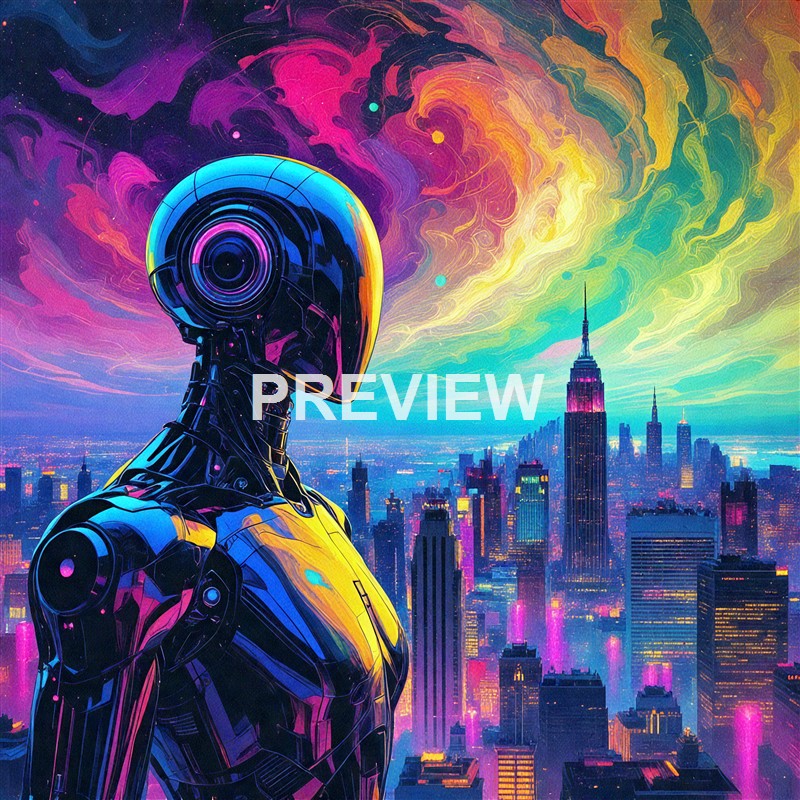 A futuristic humanoid robot with a sleek, shiny black and neon-lit exterior stands against a vibrant, colorful cityscape with towering skyscrapers and a swirling, cosmic sky overhead.